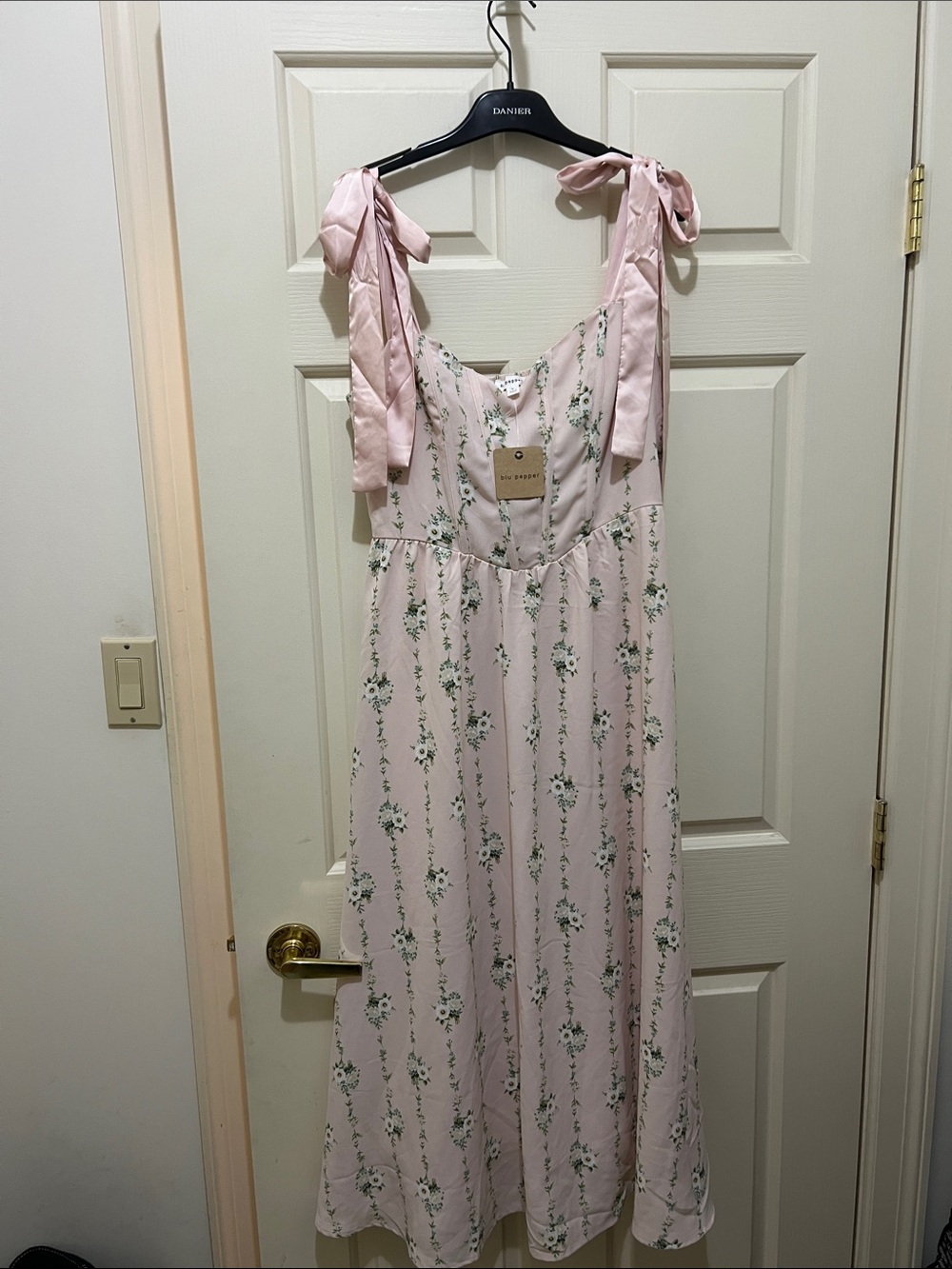 Blu Pepper Bow-Tie Strap Pink Floral Slip Dress (sz L)